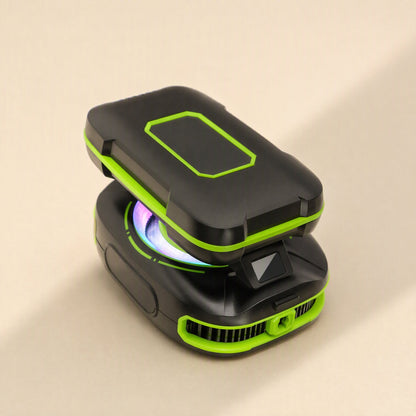 Chillcling – Compact black cooler with lime green trim, clamped shut, showing side vent slots and a glowing rim