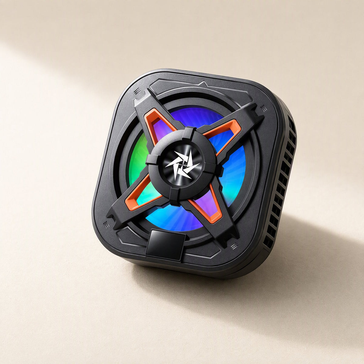Chillcling – Square black cooler with orange-accented fan blades and a colorful gradient glow, angled view