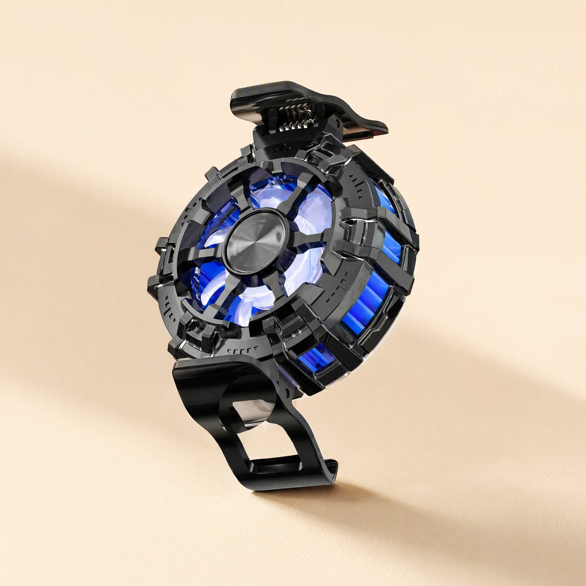 Chillcling – Round black cooler with blue backlit fan blades and a spring clip arm, side angle view