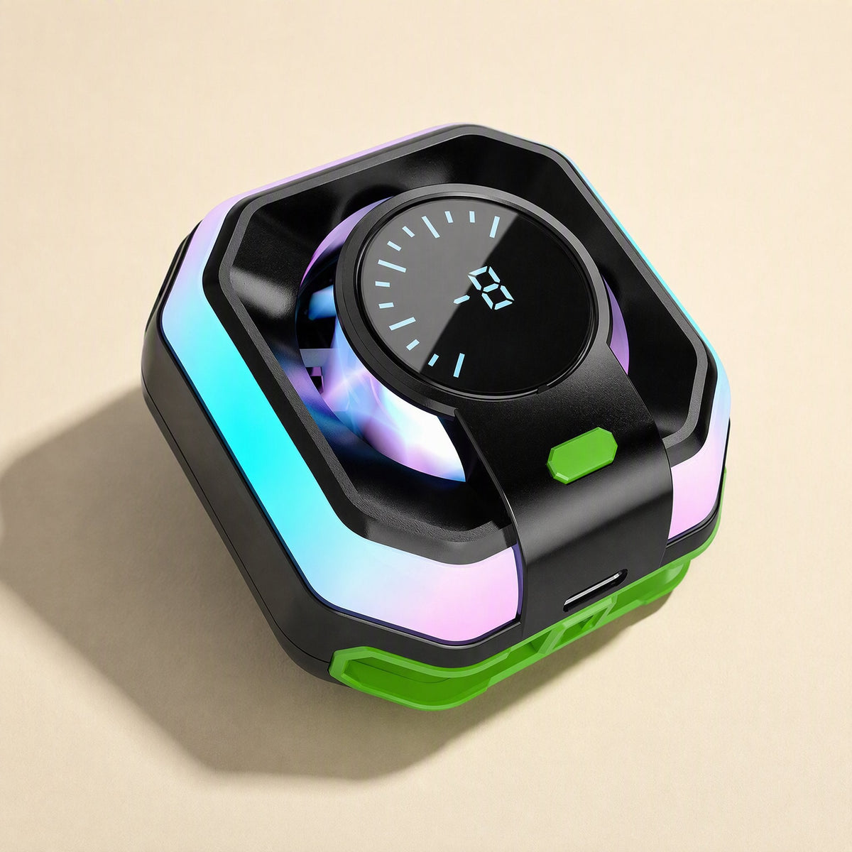 Chillcling – Black and green cooler with gradient LED ring and digital temperature display, top-down angle