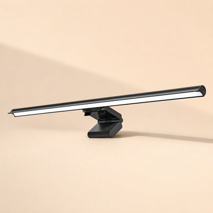 Hangglow – Black LED light bar on its clip stand, front view with the glowing white strip facing forward