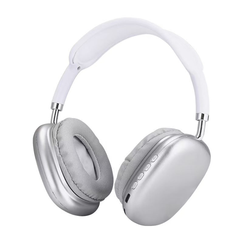 Airsound – Silver and white over-ear headphones at an angle, showing the headband, earcups and row of control buttons