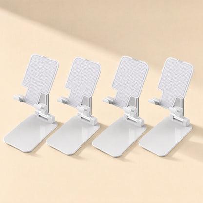 Foldangle – Row of four white folding phone stands standing open side by side on a beige background