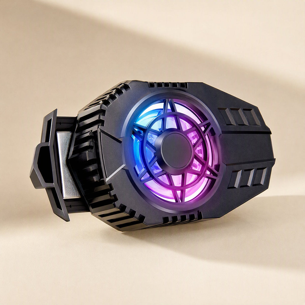 Frostdial Phone Cooler Radiator in black with a purple and blue glowing fan, angled view with side clip