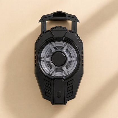 Frostdial – Back of the black phone cooler showing the clear fan cover, center hub and top clip, on a beige background