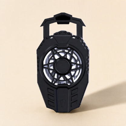 Frostdial – Front view of the black phone cooler with star-pattern fan grille, ridged edges and power button, no lighting