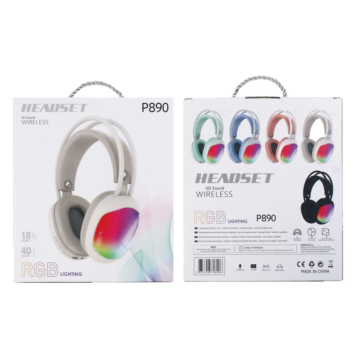 Loomvox – Front and back of the white P890 headset box showing RGB lighting, 18h and 40h icons and color options