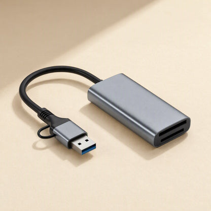Flashread CFexpress Camera Card Reader in gray aluminum with dual-slot end and attached USB-A/USB-C cable