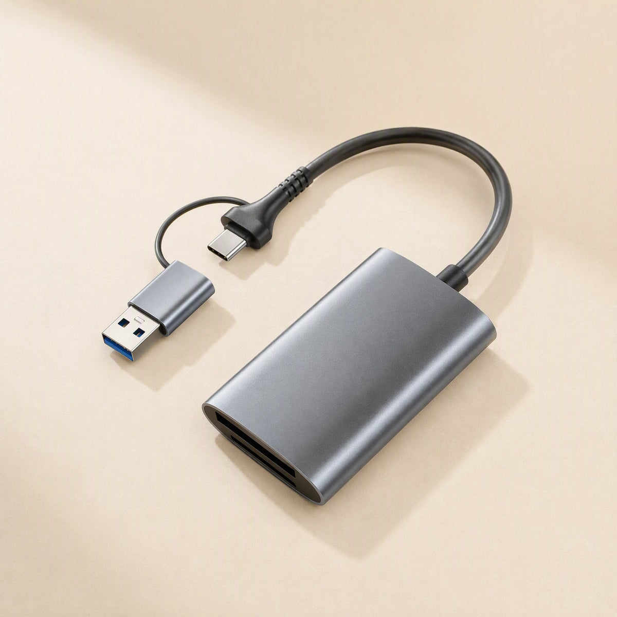 Flashread – Top view of dual-slot gray card reader with detachable USB-A adapter beside the USB-C plug