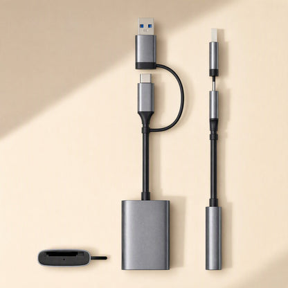 Flashread – Three gray card reader variants laid out together: dual-slot, single-slot and a USB-C cable version