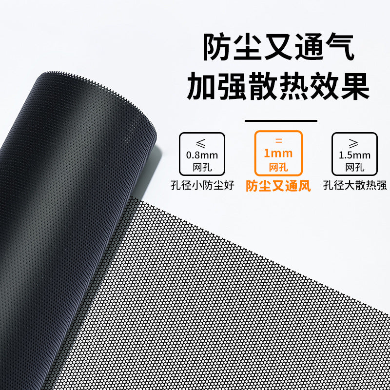 Dustweft – Black mesh roll unrolled on white, with 0.8mm, 1mm and 1.5mm hole size comparison boxes