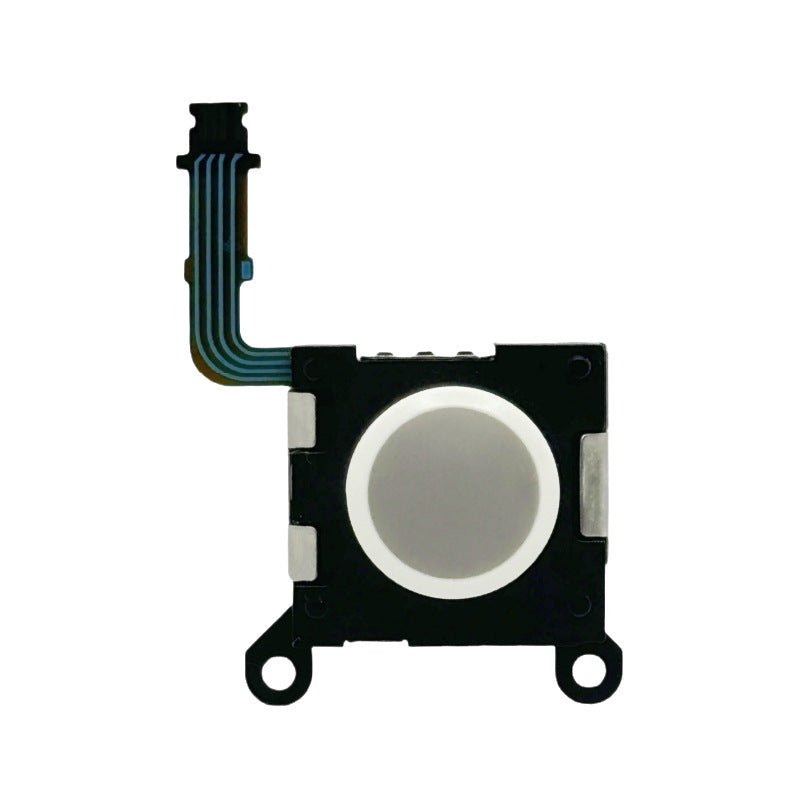 Pivotra – White-capped joystick module from above with mounting tabs and flex cable on a white background