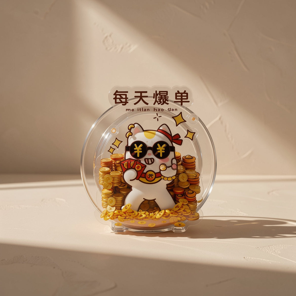 Cushgrip – Clear round holder with a cartoon lucky cat in sunglasses surrounded by gold coins and Chinese text