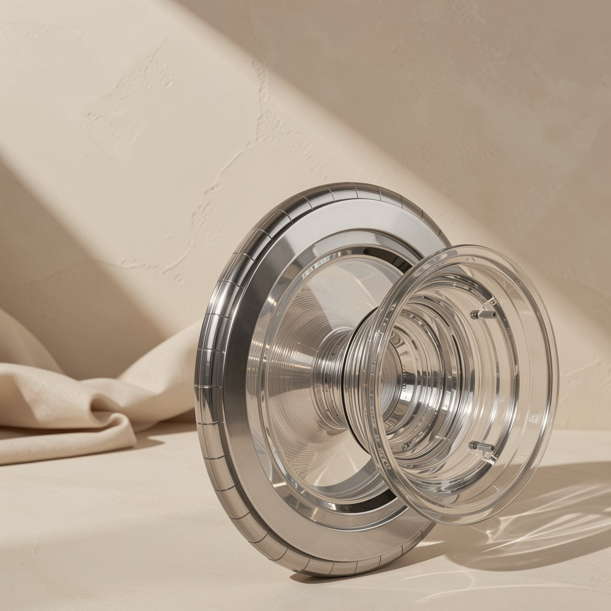 Cushgrip – Side view of the silver and clear expanding holder with ridged accordion stem next to a folded cloth