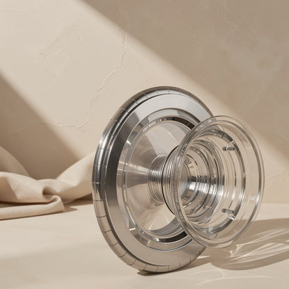 Cushgrip – Side view of the silver and clear expanding holder with ridged accordion stem next to a folded cloth