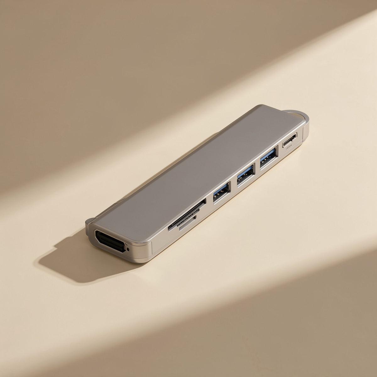 Portlink Type-C HDMI 4K Docking Station Hub in silver, angled view showing HDMI, card slots, USB ports