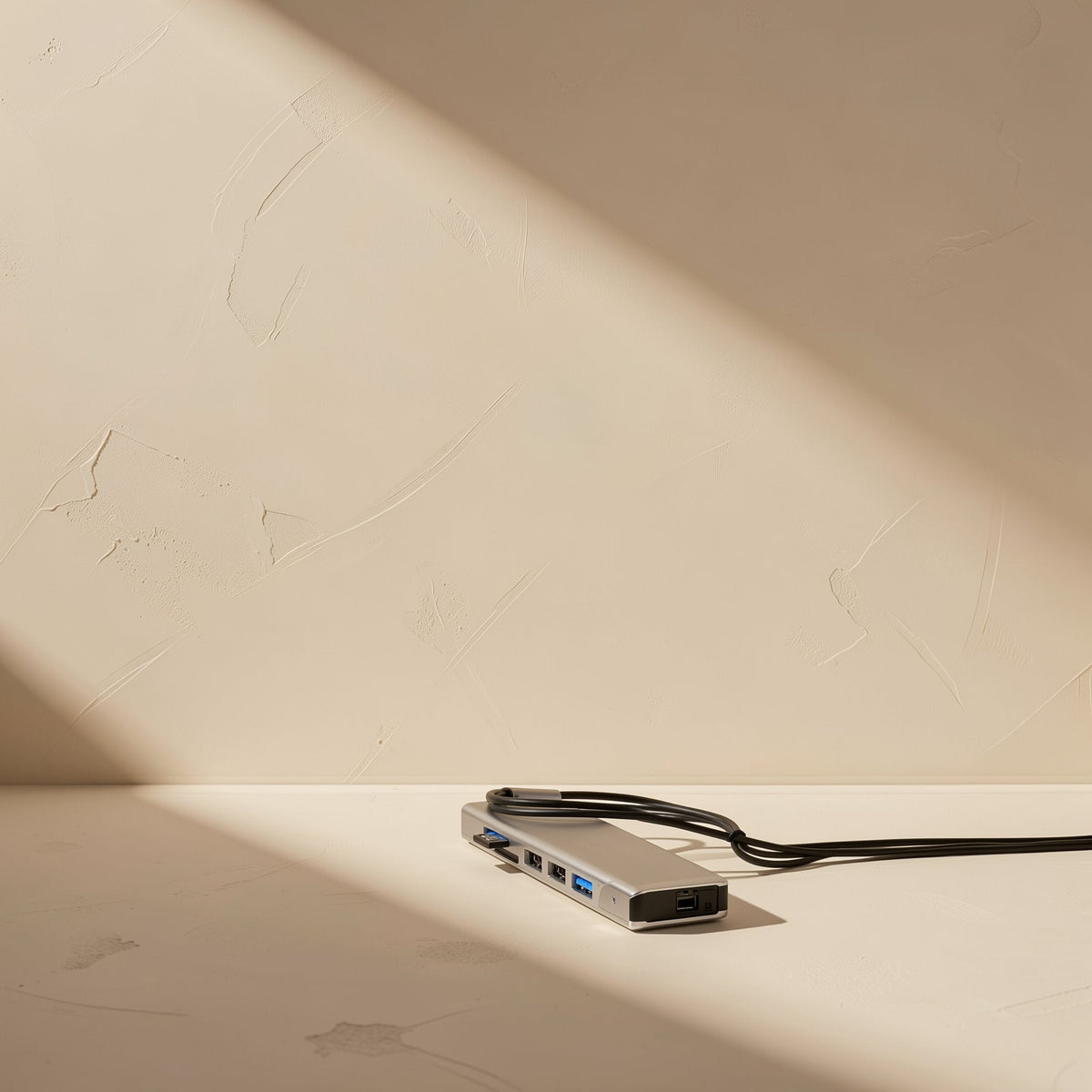 Portlink – Hub with a black cable trailing behind it, shown low and wide on a plaster-textured beige surface