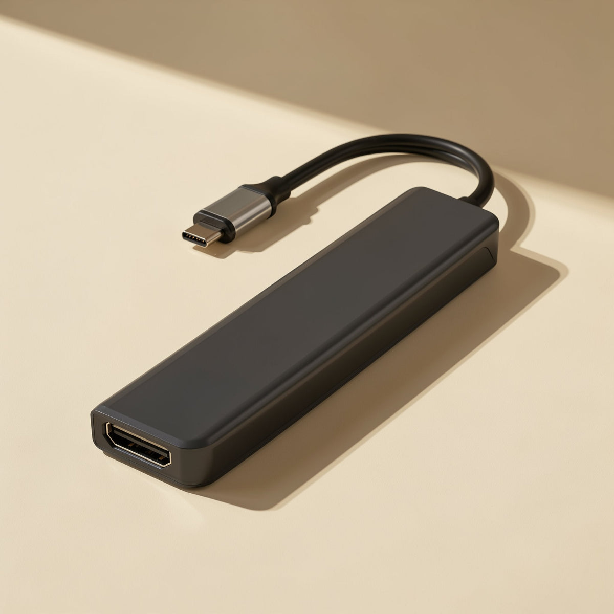 Portlink – Black hub with attached USB-C cable, front HDMI port facing the camera on a cream surface