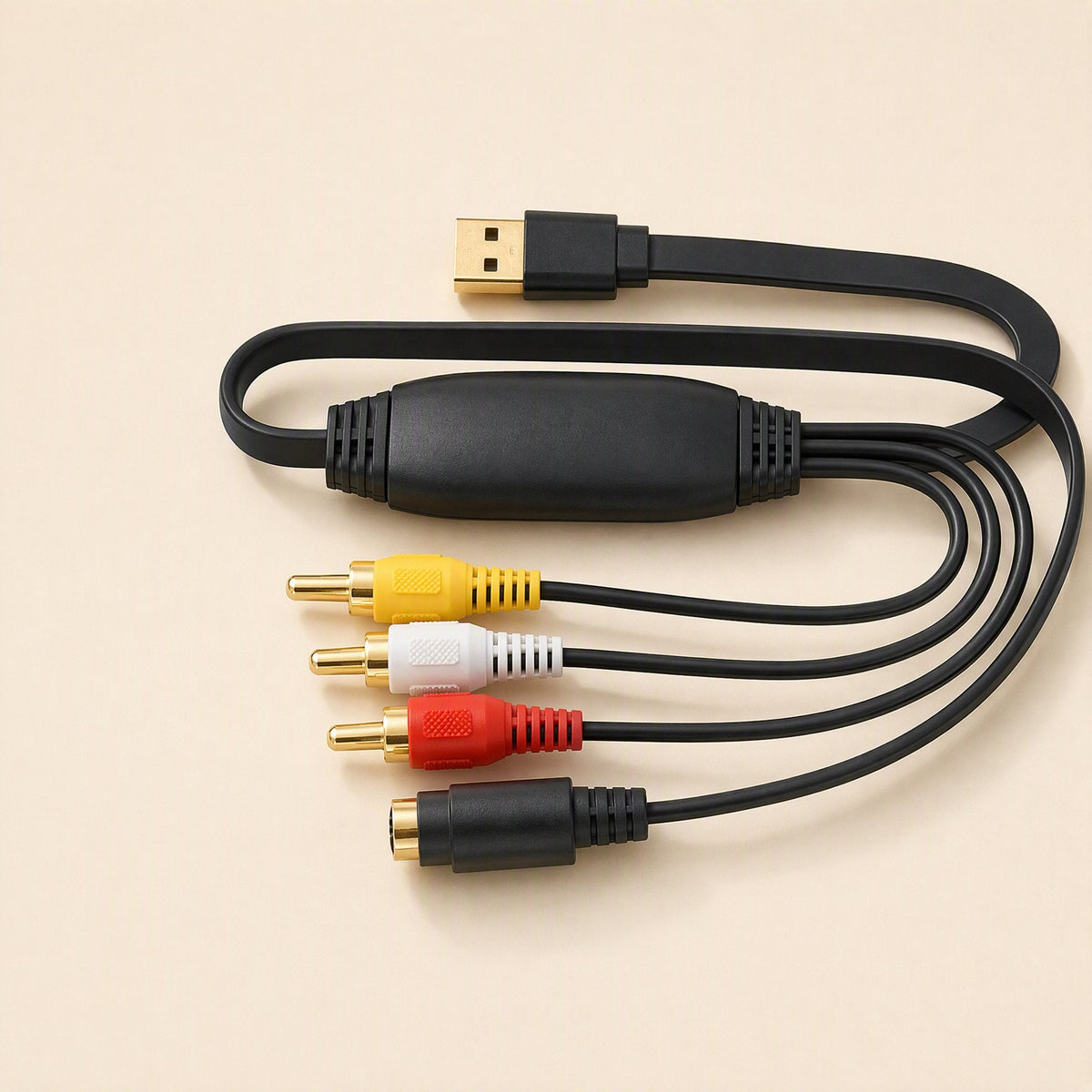 Tapeframe USB Capture Card with flat USB plug and yellow, white, red RCA and S-Video connectors, top view