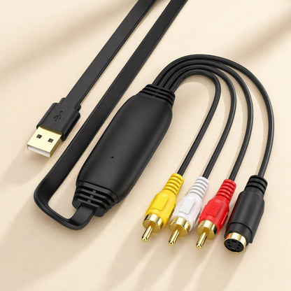 Tapeframe USB Capture Card – close-up of the black inline module with gold-plated USB plug and RCA and S-Video connectors