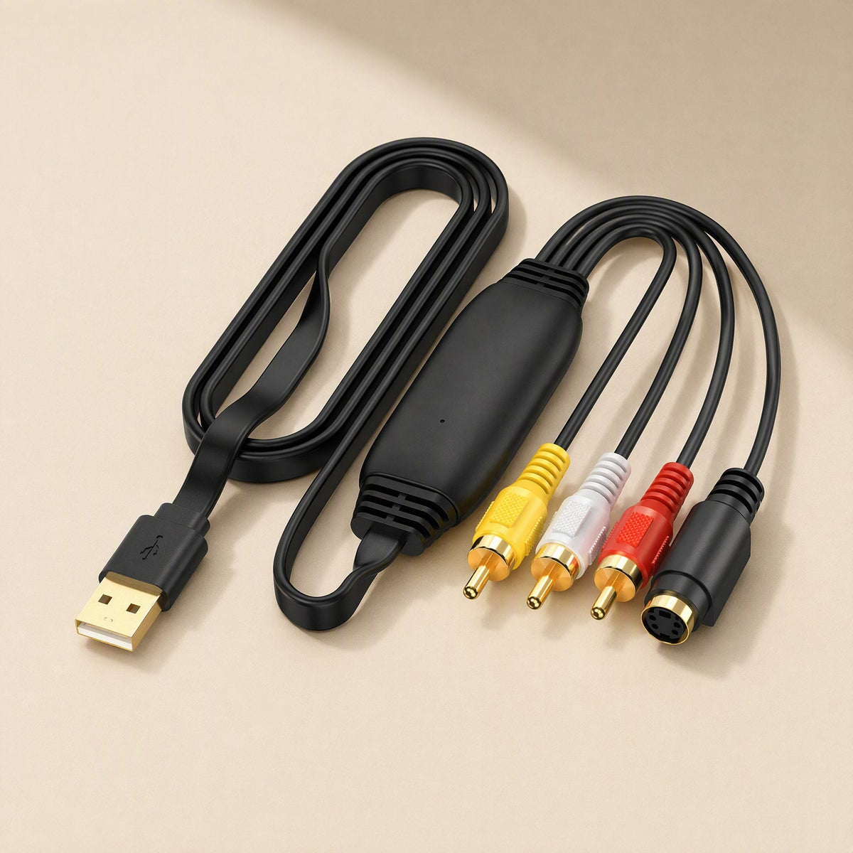 Tapeframe – Angled view of looped flat cable with black module, gold USB plug and three RCA plugs plus S-Video