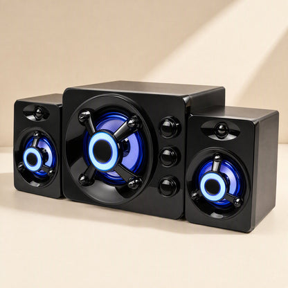 Tunespark USB Computer Mini Speaker set with two satellites and a center subwoofer glowing blue, angled view