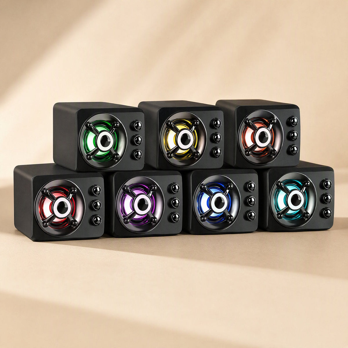 Tunespark USB Computer Mini Speaker – stack of seven black speaker cubes lit in green, yellow, red, purple, blue and cyan