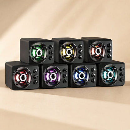 Tunespark USB Computer Mini Speaker – stack of seven black speaker cubes lit in green, yellow, red, purple, blue and cyan
