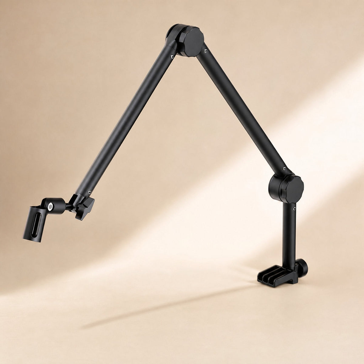 Metalreach Alloy Microphone Cantilever Stand in black, arm extended with an empty mic clip on a beige backdrop
