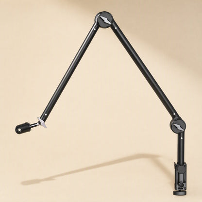 Metalreach – Black cantilever mic stand arm angled upward from a desk clamp, shown from the side with a bare mic mount