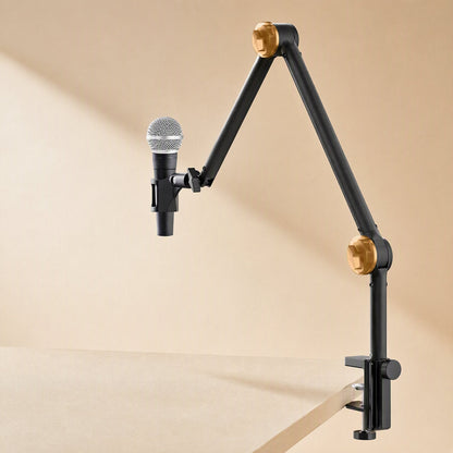 Metalreach – Mic stand clamped to a tabletop edge holding a handheld microphone, with gold-toned joint knobs on the arm