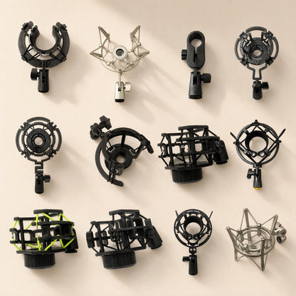 Joltclip Microphone Shock Mount Clip lineup of twelve black, silver and green-accented mounts on a beige background