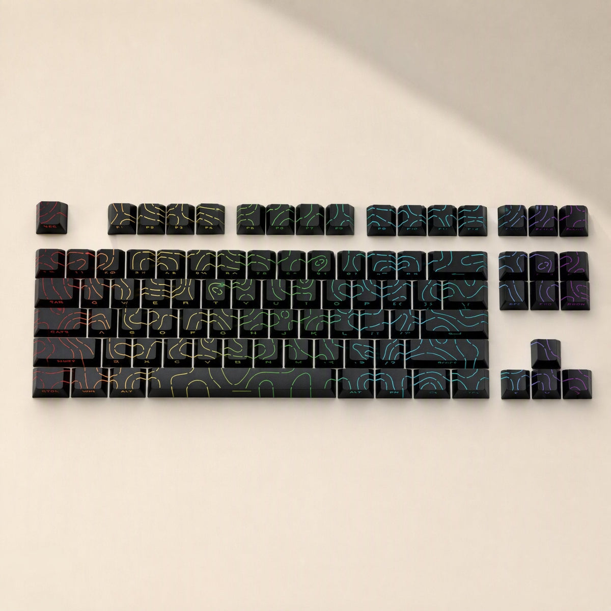 Sidescript PBT Side-Engraved Keycaps in black with glowing rainbow topographic contour lines, full set laid flat
