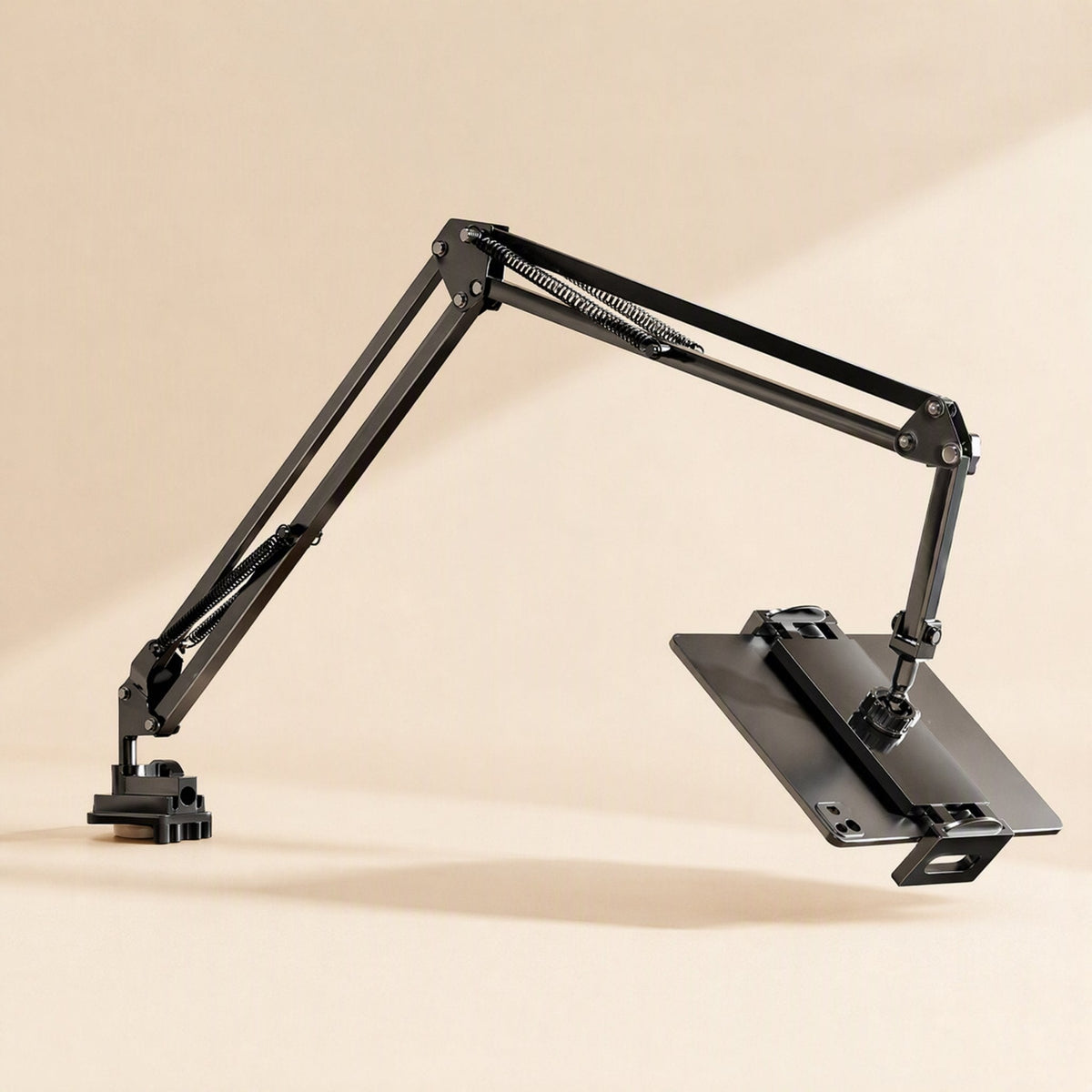 Metalhold Metal Mobile Phone Holder Stand with black cantilever arm holding a tablet over a beige backdrop
