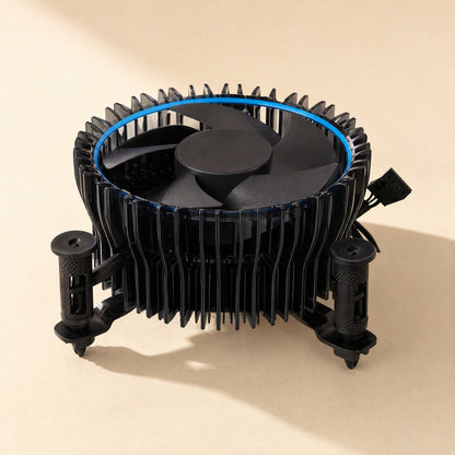 Socketcool – Large black cooler with blue ring around the fan, push-pin mounts and 4-pin connector on a beige surface