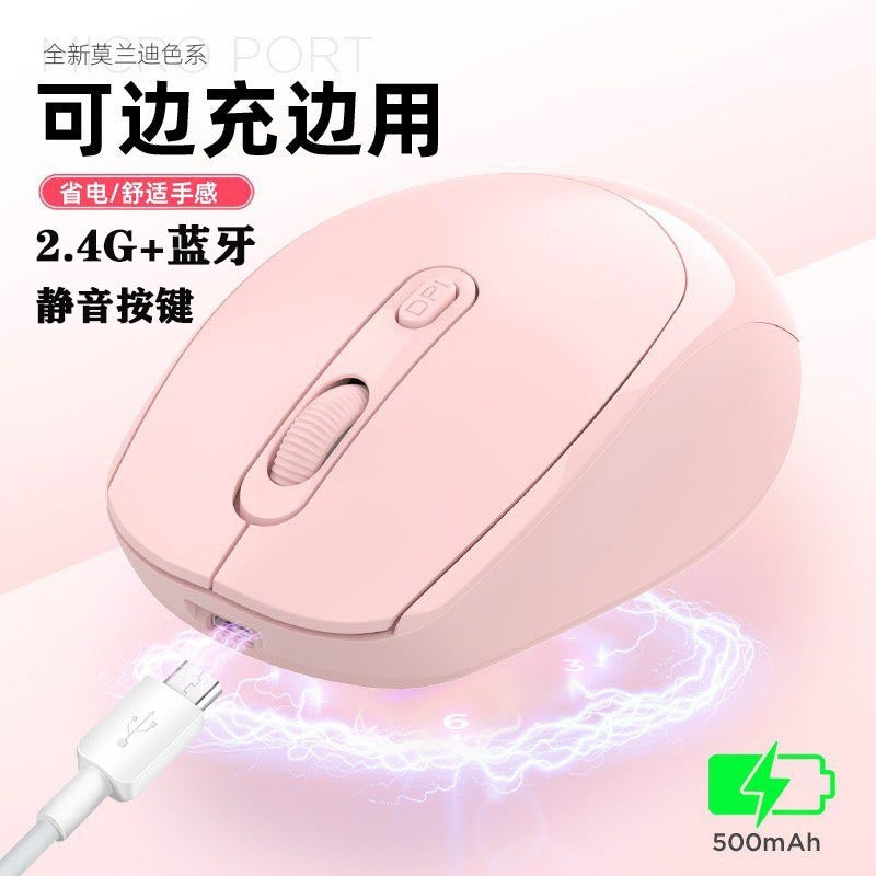 Palmclick Ergonomic Desktop Wireless Mouse in pink with a USB charging cable and 500mAh battery icon