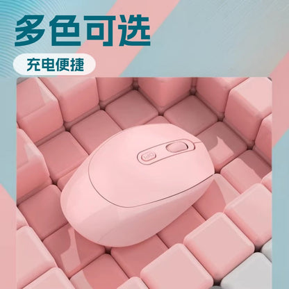 Palmclick – Pink wireless mouse resting among stacked pink cubes, with Chinese text about colour choice and charging
