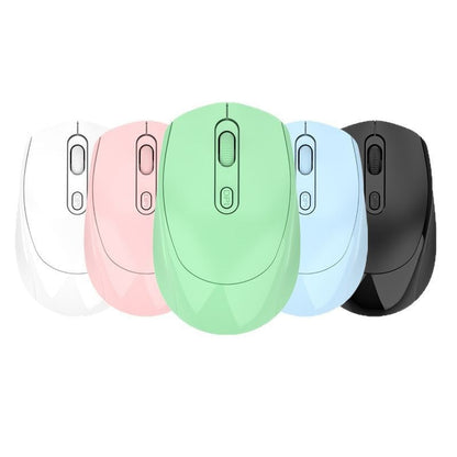 Palmclick – Five wireless mice in white, pink, green, blue and black lined up side by side, top view