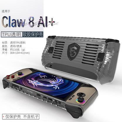 Glasswrap Clear TPU Case for MSI Claw 8AI+ in smoke gray, shown fitted on the handheld from front and back