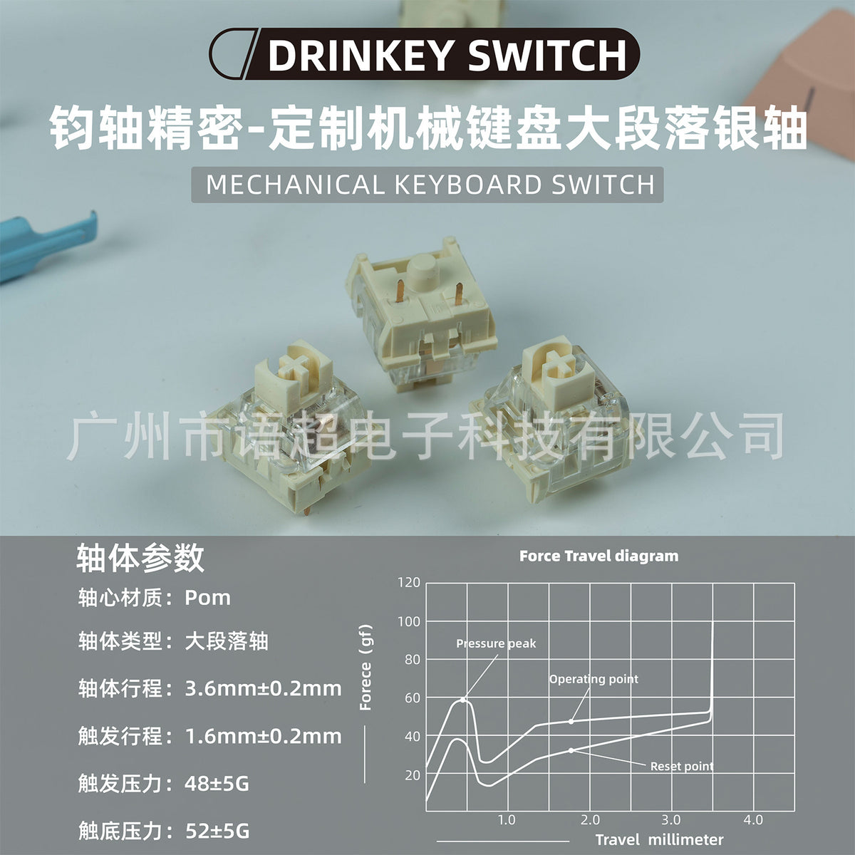 Silverclack switch pair in cream with a force travel diagram and spec table below