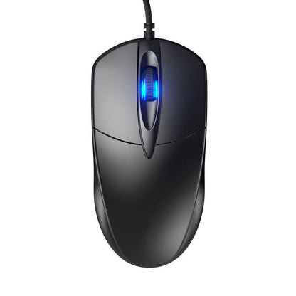 Cordtrack – Overhead view of a black wired mouse with a glowing blue scroll wheel and cable at the top, white background