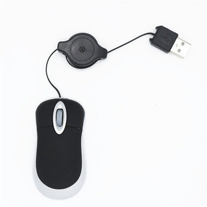 Wirereel – Black and silver mini mouse with retractable cord reel and USB plug, shown from above on white