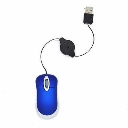 Wirereel – Blue and silver mini retractable wired mouse seen from above with its cord extended on a white background