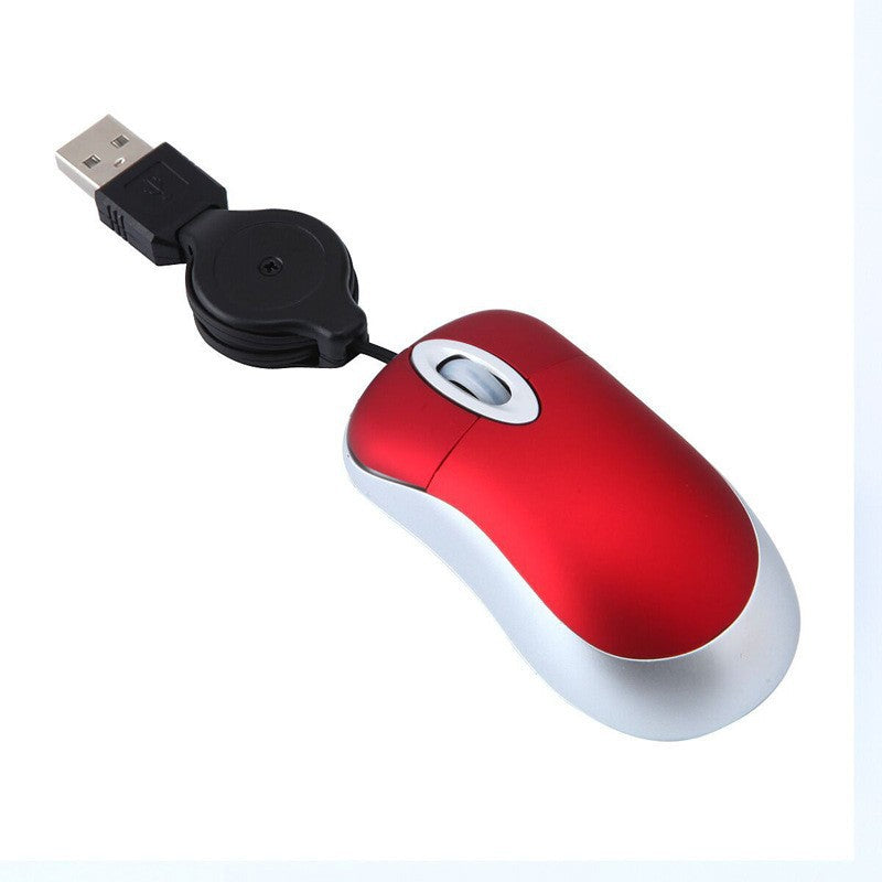 Wirereel – Red and silver mini mouse with scroll wheel and retractable USB cord reel, angled view on white