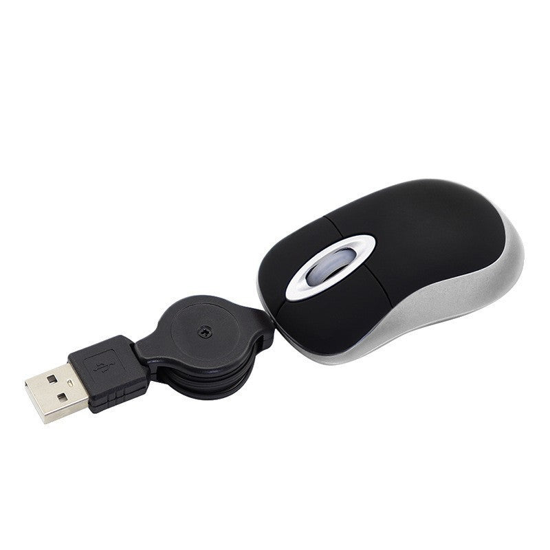 Wirereel – Black and silver mini mouse with scroll wheel, USB plug and cord reel in the foreground, angled view
