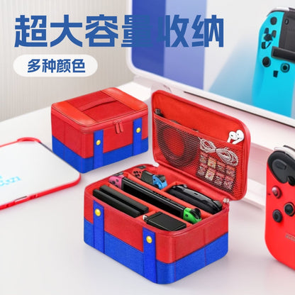 Trekvoy Large Capacity Travel Storage Bag, red and blue, open with Switch console, dock and cables inside