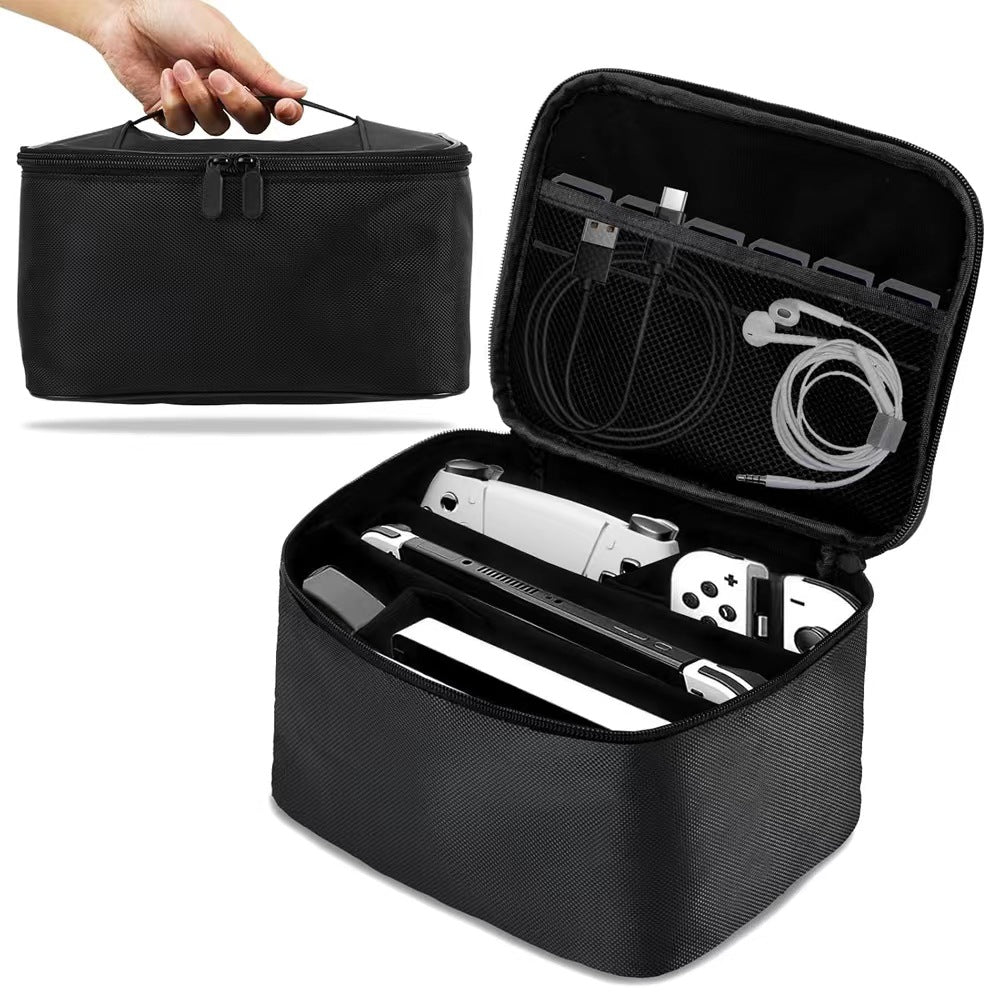 Trekvoy – Black console storage bag held by its handle, open to show console, controllers, cables and earphones