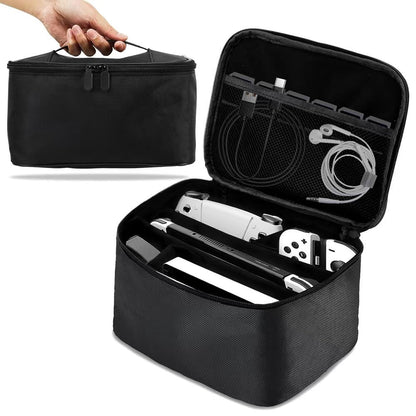 Trekvoy – Black console storage bag held by its handle, open to show console, controllers, cables and earphones
