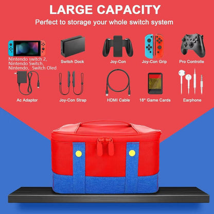 Trekvoy – Red and blue storage bag with icons of Switch console, dock, Joy-Con, adapter, cables and game cards