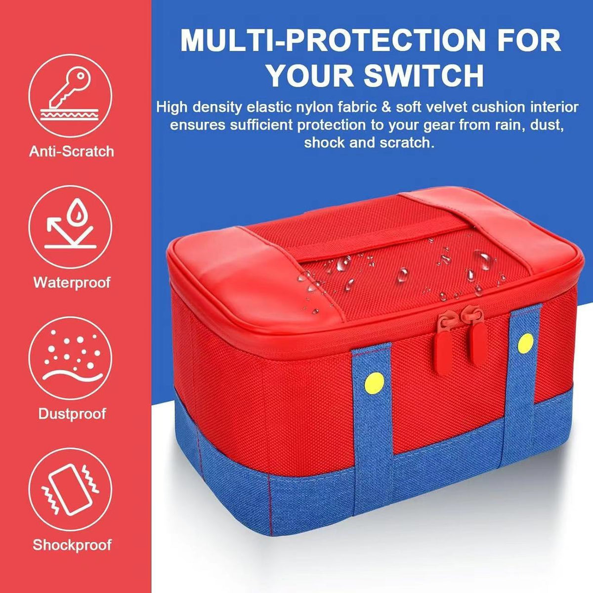 Trekvoy – Red and blue storage bag with water drops on top, shown beside icons for scratch, water, dust and shock